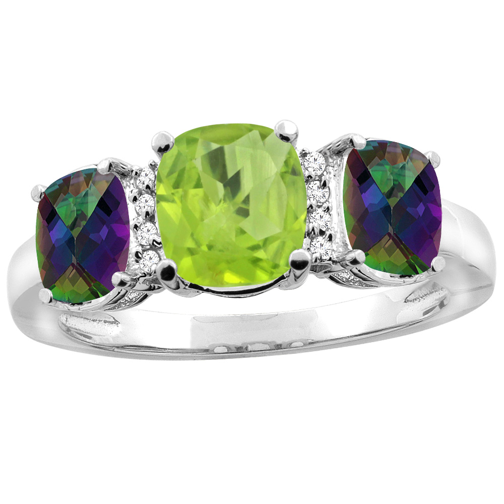 10K White Gold Natural Peridot & Mystic Topaz 3-stone Ring Cushion 8x6mm Diamond Accent, sizes 5 - 10