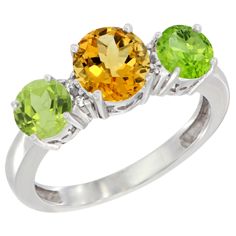 10K White Gold Round 3-Stone Natural Citrine Ring &amp; Peridot Sides Diamond Accent, sizes 5 - 10