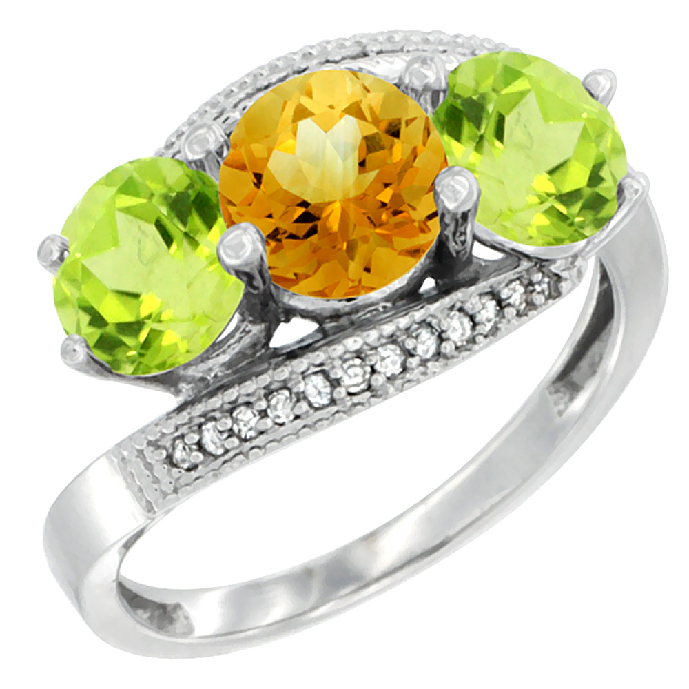 10K White Gold Natural Citrine & Peridot Sides 3 stone Ring Round 6mm Diamond Accent, sizes 5 - 10