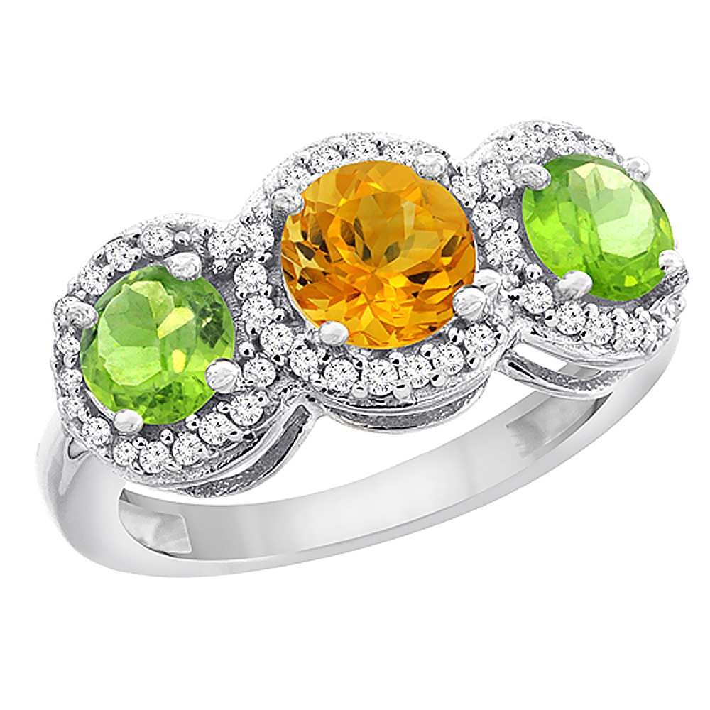 14K White Gold Natural Citrine &amp; Peridot Sides Round 3-stone Ring Diamond Accents, sizes 5 - 10