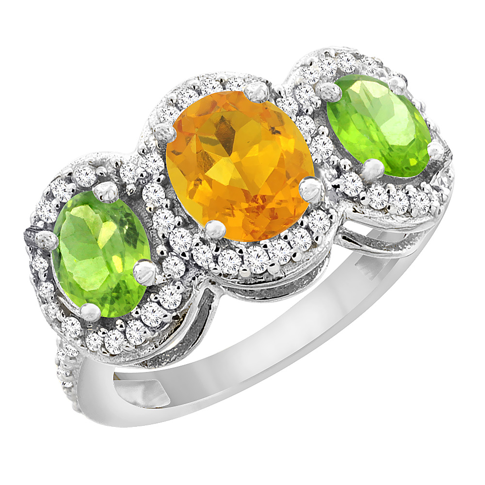 14K White Gold Natural Citrine & Peridot 3-Stone Ring Oval Diamond Accent, sizes 5 - 10