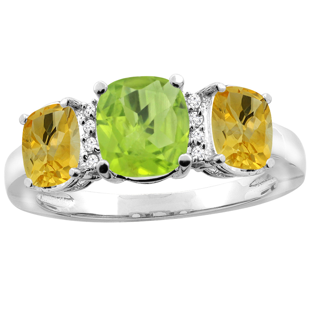 14K White Gold Natural Peridot &amp; Citrine 3-stone Ring Cushion 8x6mm Diamond Accent, sizes 5 - 10