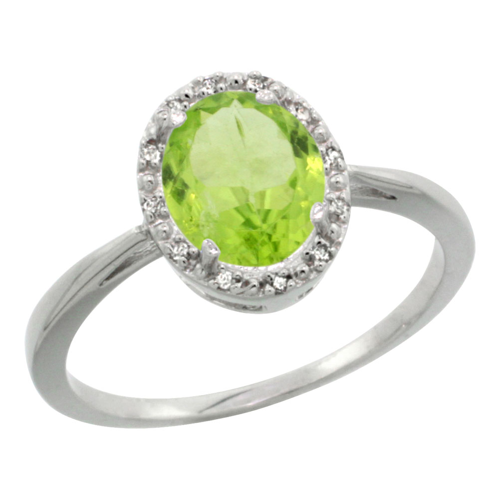 10K White Gold Natural Peridot Diamond Halo Ring Oval 8X6mm, sizes 5-10