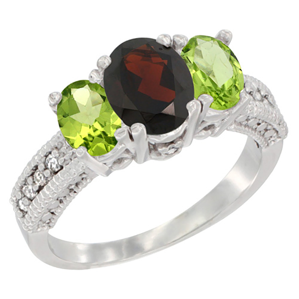 14K White Gold Diamond Natural Garnet Ring Oval 3-stone with Peridot, sizes 5 - 10