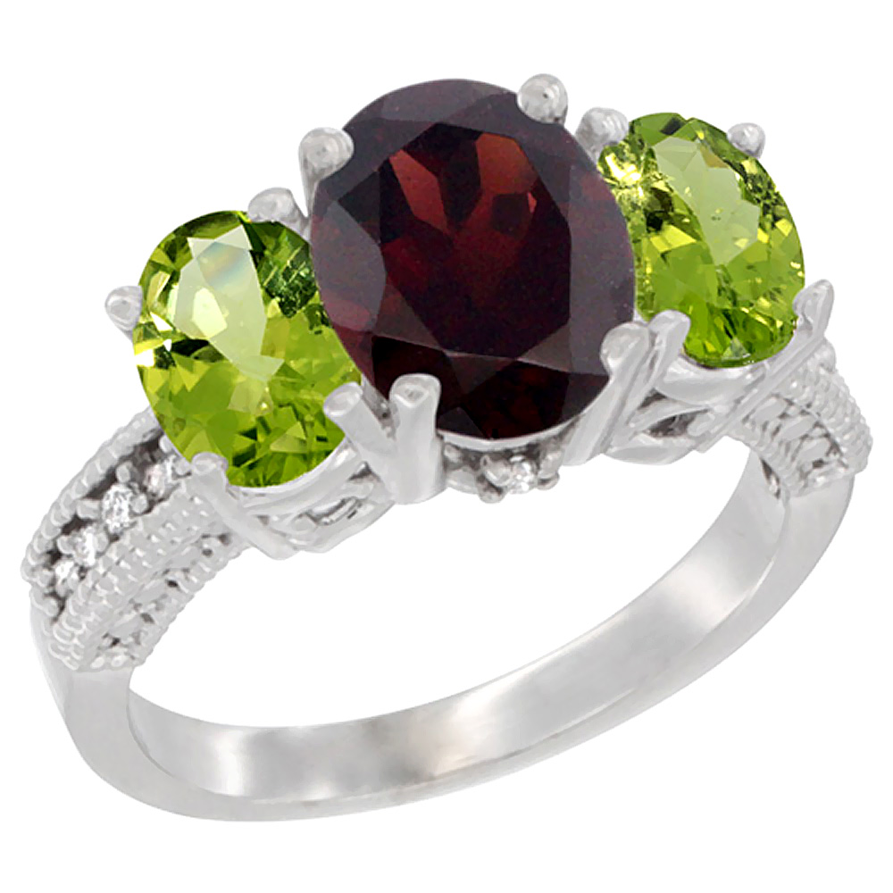 10K White Gold Diamond Natural Garnet Ring 3-Stone Oval 8x6mm with Peridot, sizes5-10