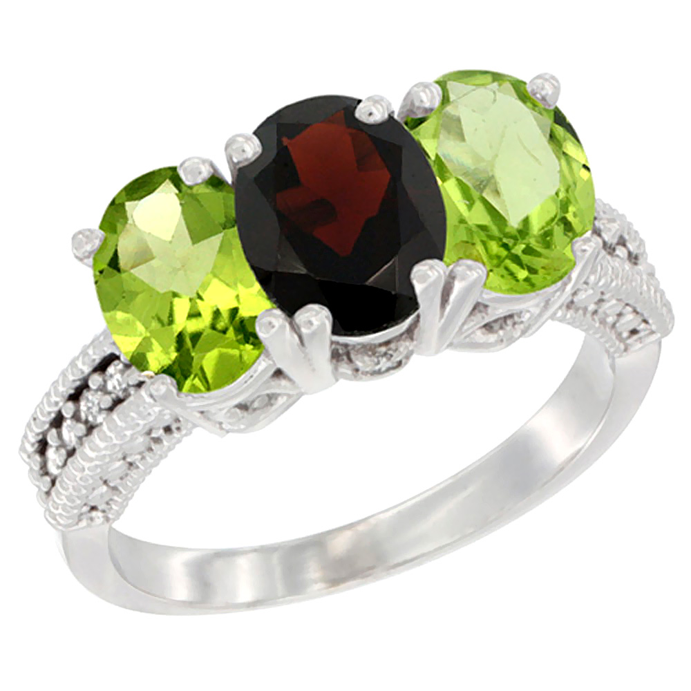 10K White Gold Natural Garnet & Peridot Sides Ring 3-Stone Oval 7x5 mm Diamond Accent, sizes 5 - 10