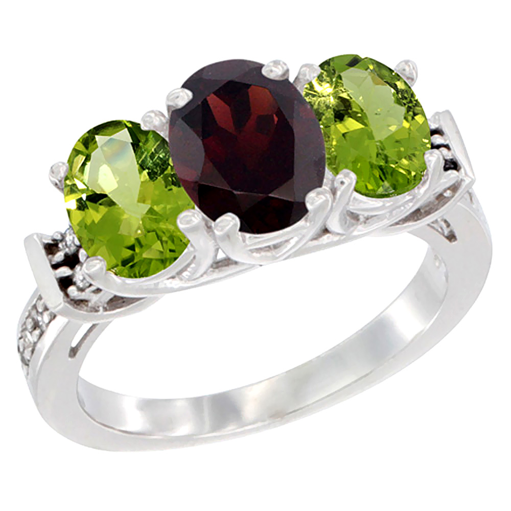 10K White Gold Natural Garnet & Peridot Sides Ring 3-Stone Oval Diamond Accent, sizes 5 - 10