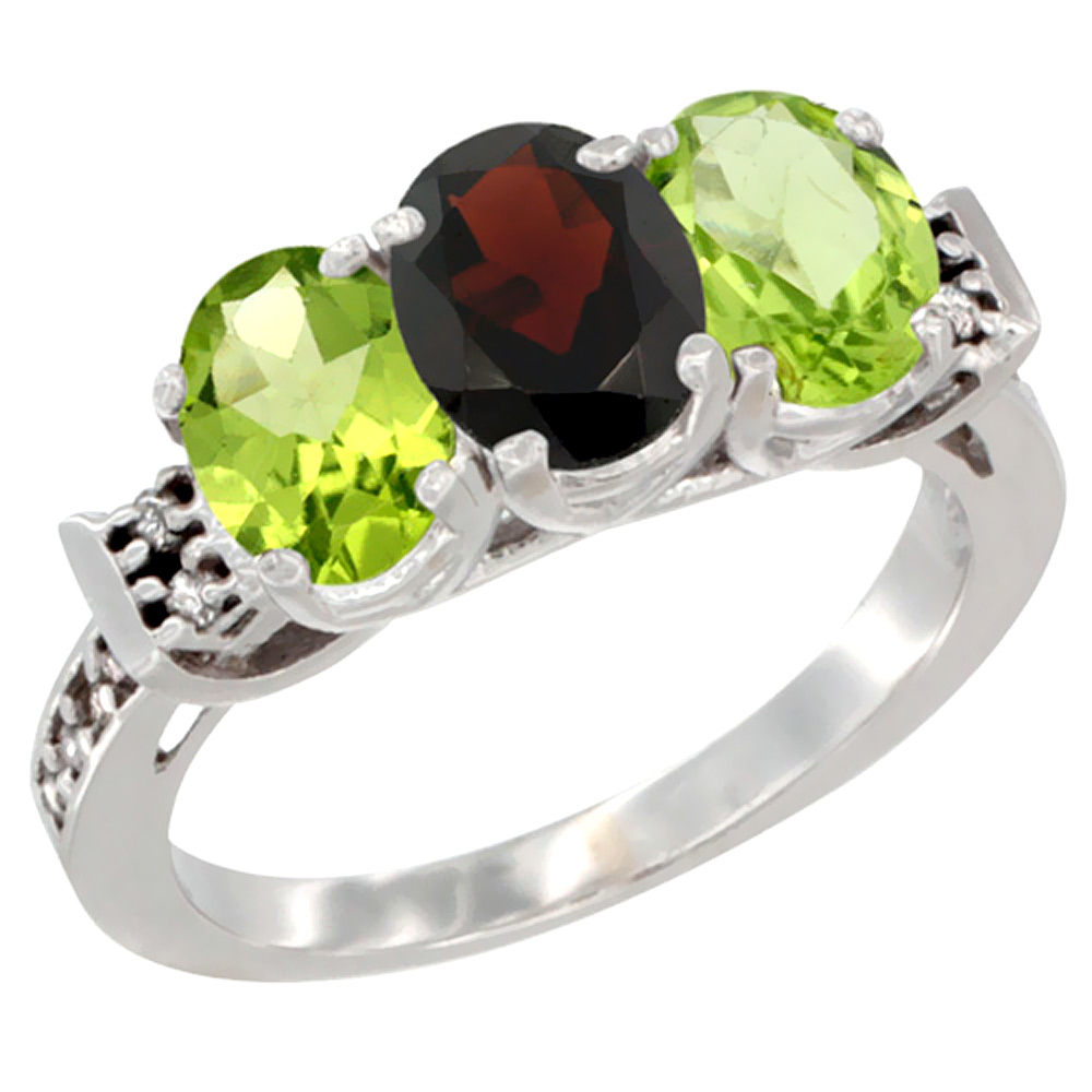 10K White Gold Natural Garnet &amp; Peridot Sides Ring 3-Stone Oval 7x5 mm Diamond Accent, sizes 5 - 10