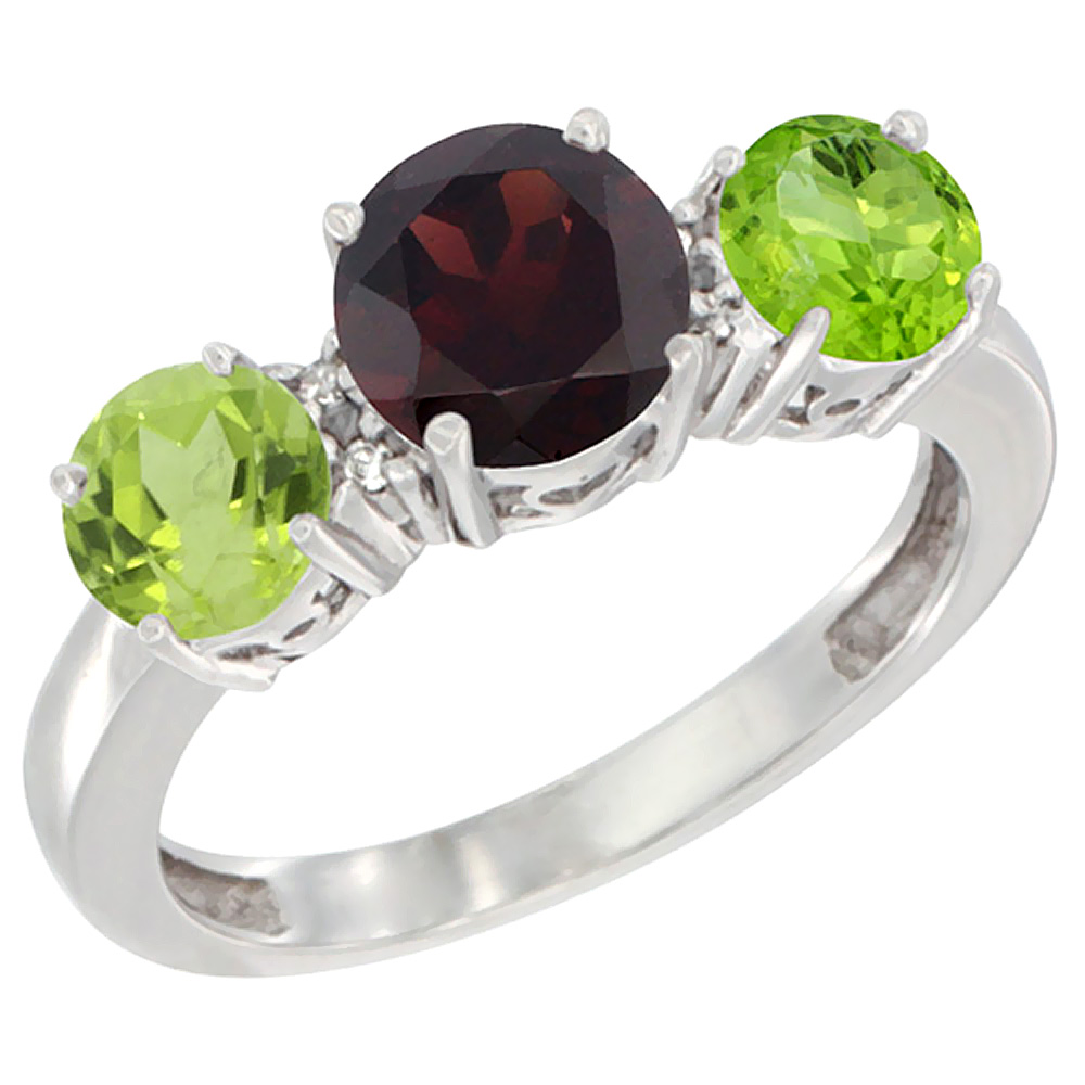 10K White Gold Round 3-Stone Natural Garnet Ring & Peridot Sides Diamond Accent, sizes 5 - 10