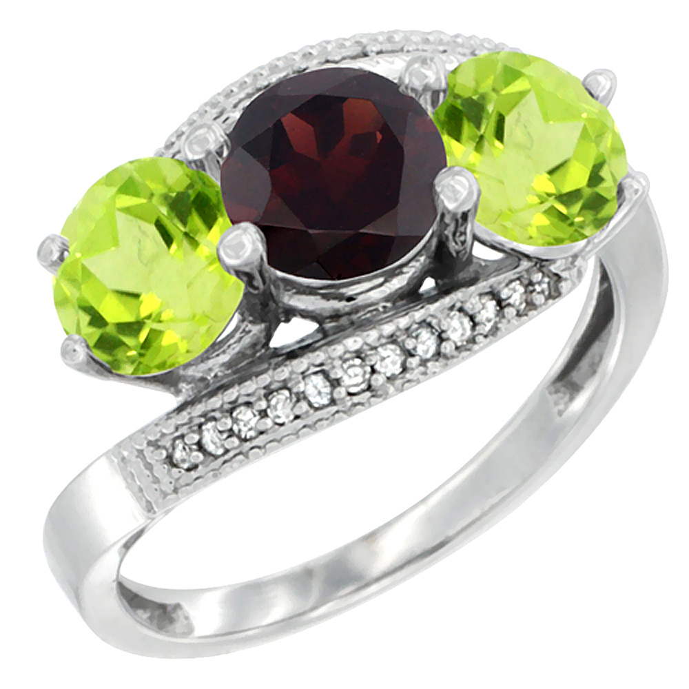 10K White Gold Natural Garnet &amp; Peridot Sides 3 stone Ring Round 6mm Diamond Accent, sizes 5 - 10