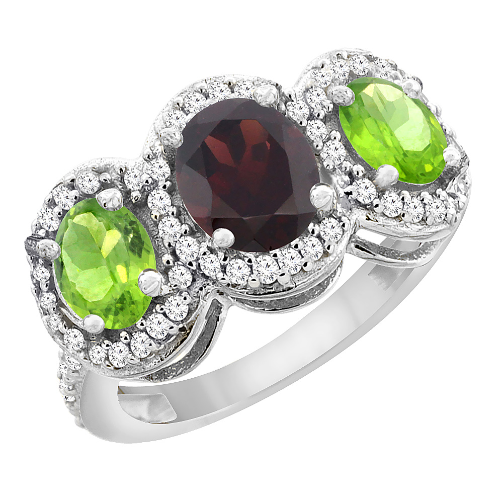 10K White Gold Natural Garnet &amp; Peridot 3-Stone Ring Oval Diamond Accent, sizes 5 - 10