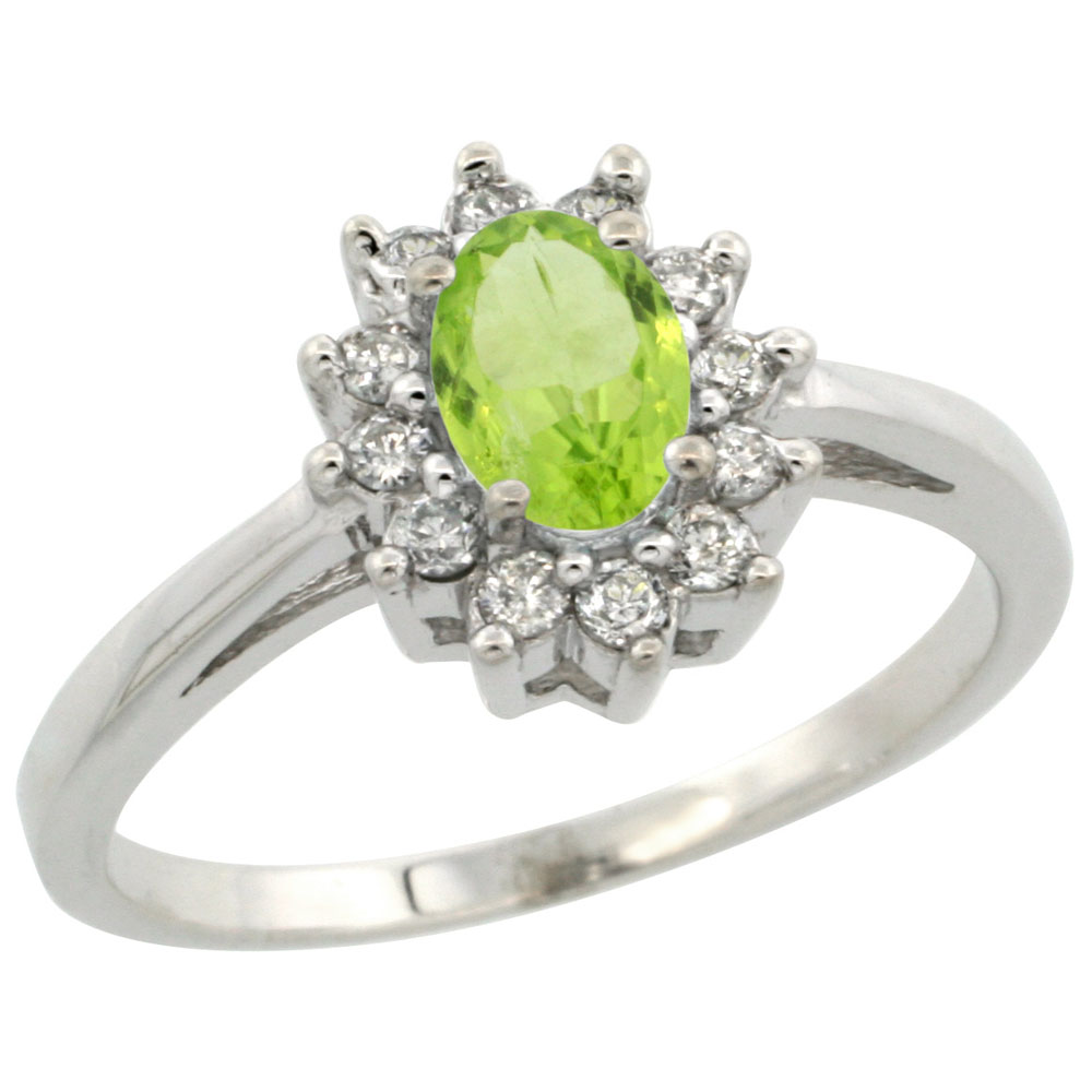 14K White Gold Natural Peridot Flower Diamond Halo Ring Oval 6x4 mm, sizes 5 10