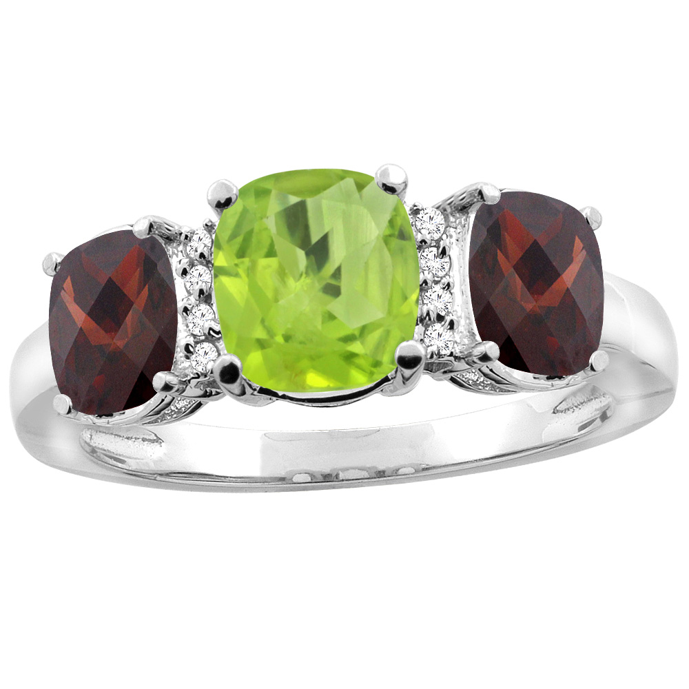 10K White Gold Natural Peridot & Garnet 3-stone Ring Cushion 8x6mm Diamond Accent, sizes 5 - 10