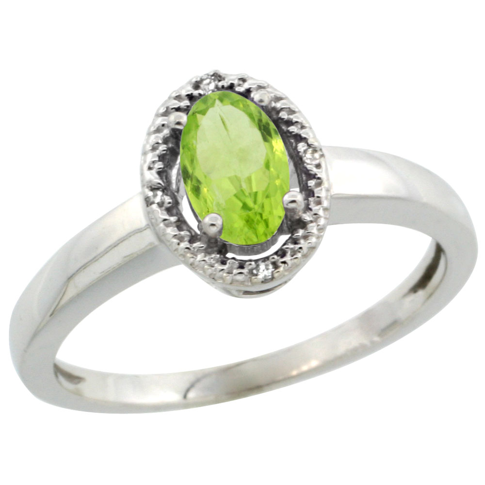 14K White Gold Diamond Halo Natural Peridot Engagement Ring Oval 6X4 mm, sizes 5-10