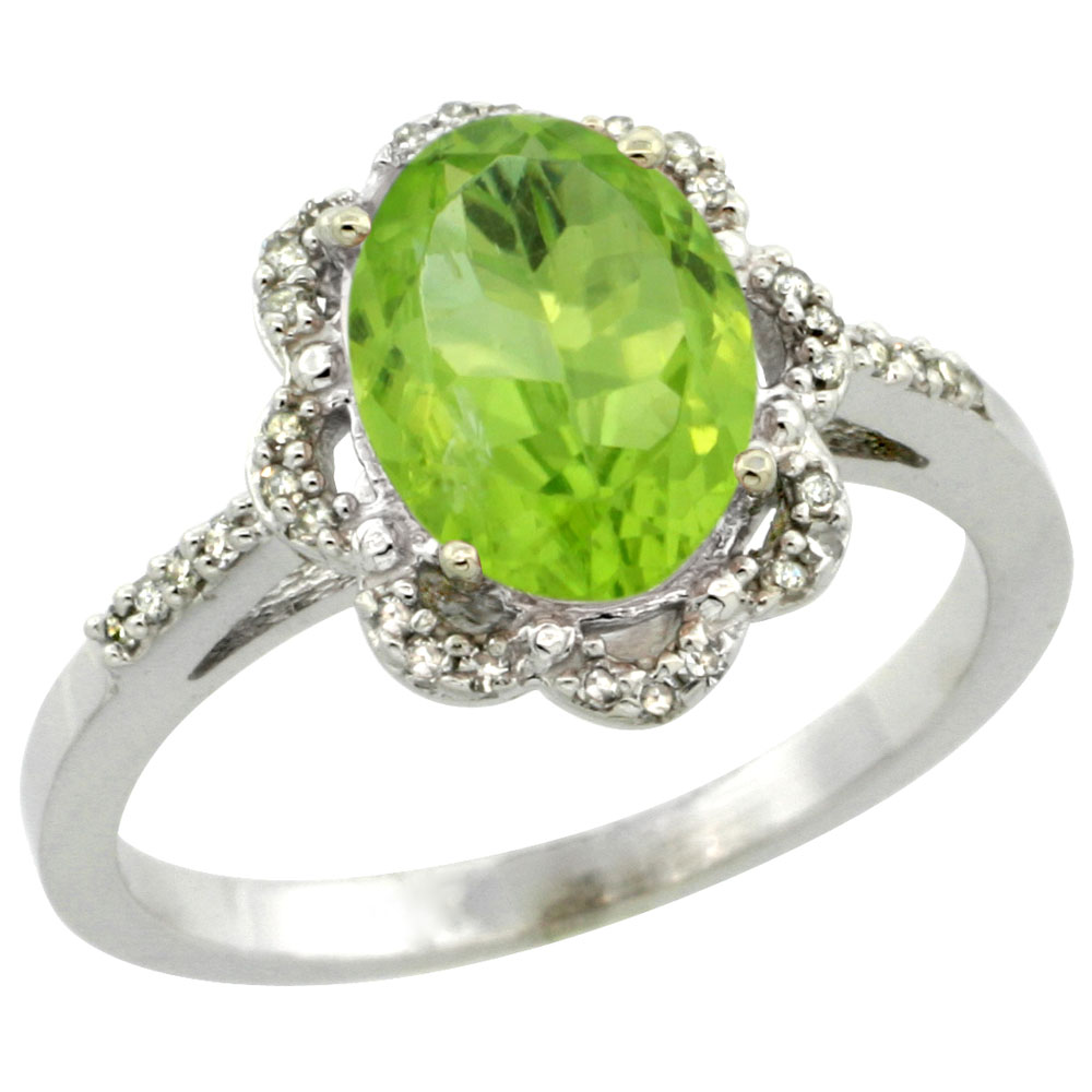 10K White Gold Diamond Halo Natural Peridot Engagement Ring Oval 9x7mm, sizes 5-10