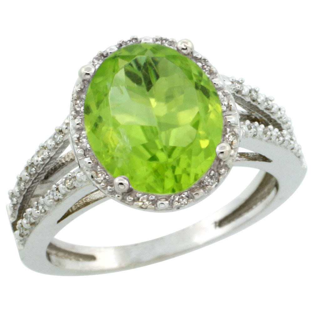 14K White Gold Natural Peridot Diamond Halo Ring Oval 11x9mm, sizes 5-10