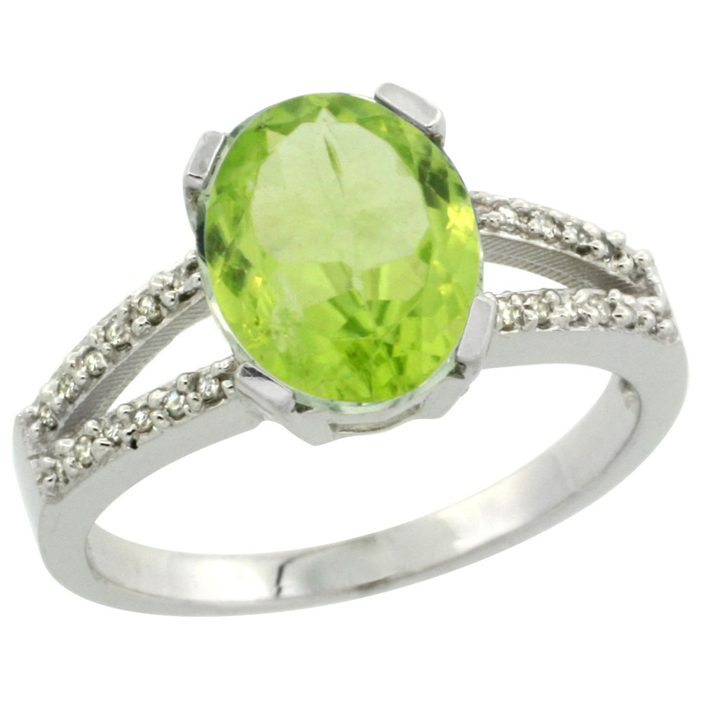 10K White Gold Diamond Natural Peridot Engagement Ring Oval 10x8mm, sizes 5-10