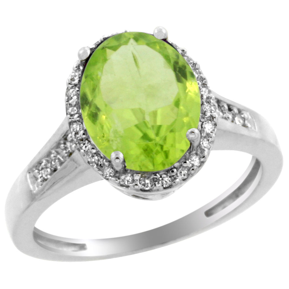 14K White Gold Diamond Natural Peridot Engagement Ring Oval 10x8mm, sizes 5-10