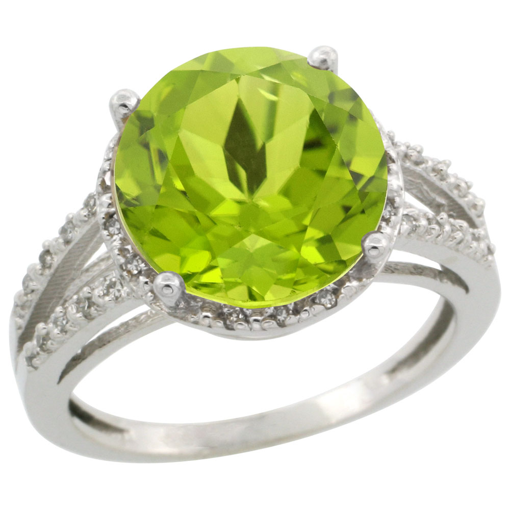 14K White Gold Diamond Natural Peridot Ring Round 11mm, sizes 5-10