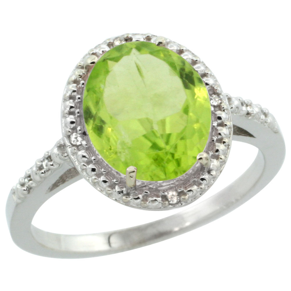 14K White Gold Diamond Natural Peridot Engagement Ring Oval 10x8mm, sizes 5-10