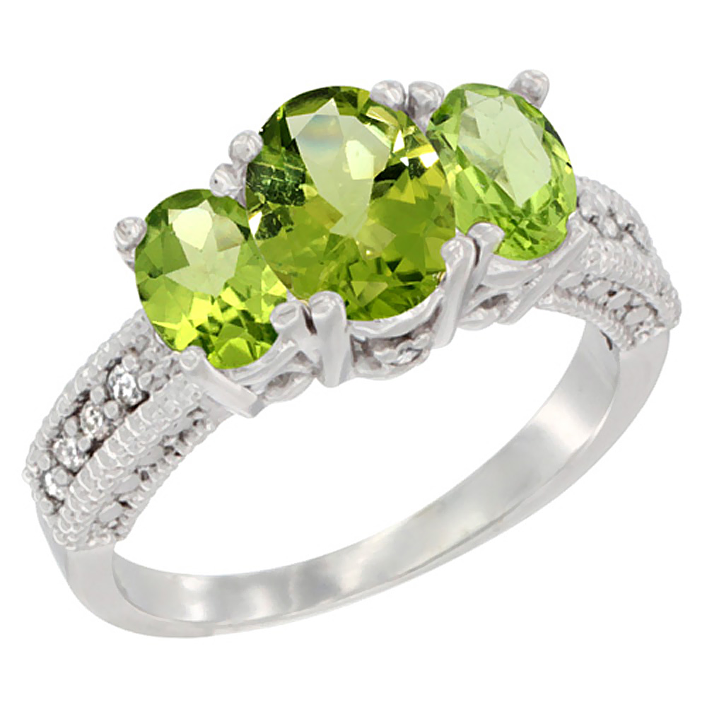 14K White Gold Diamond Natural Peridot Ring Oval 3-stone, sizes 5 - 10