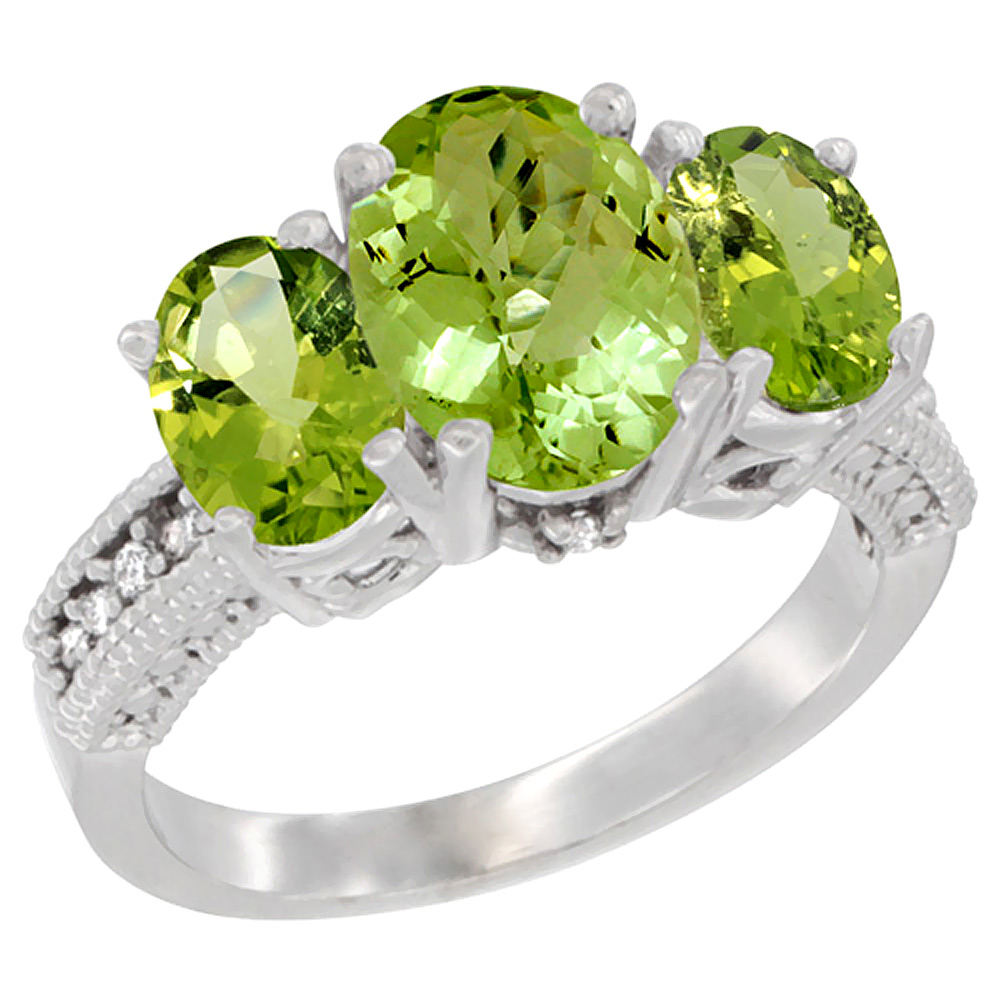 14K White Gold Diamond Natural Peridot Ring 3-Stone Oval 8x6mm, sizes5-10