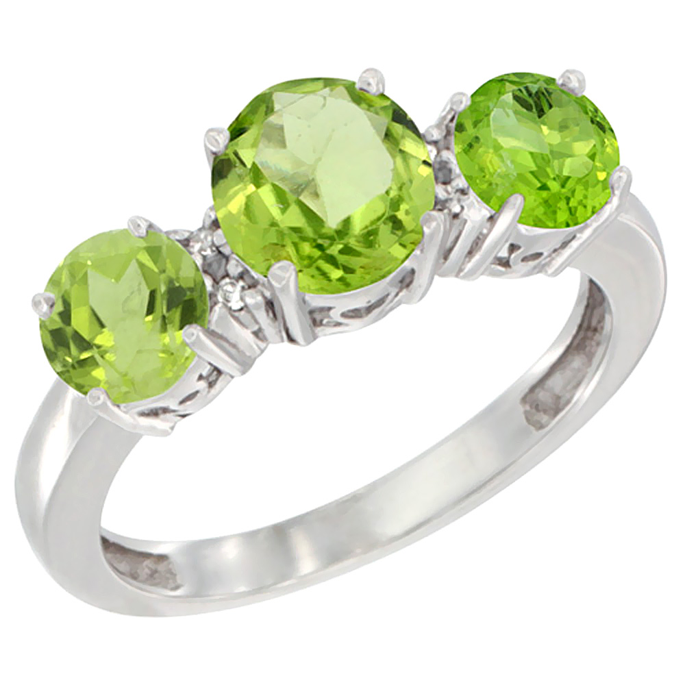 10K White Gold Round 3-Stone Natural Peridot Ring Diamond Accent, sizes 5 - 10