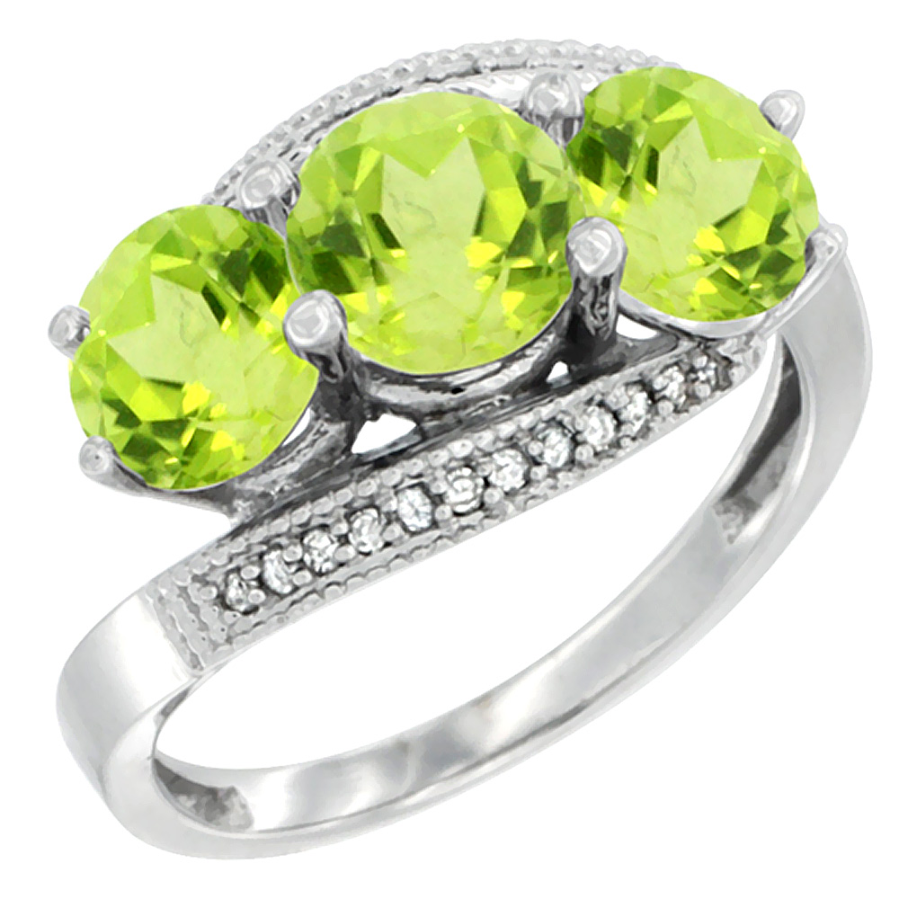 14K White Gold Natural Peridot 3 stone Ring Round 6mm Diamond Accent, sizes 5 - 10