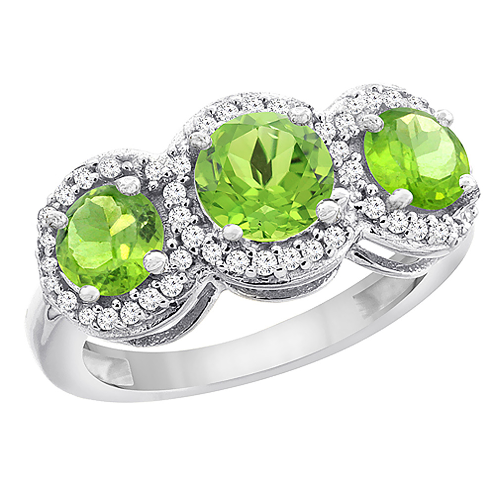 14K White Gold Natural Peridot Round 3-stone Ring Diamond Accents, sizes 5 - 10