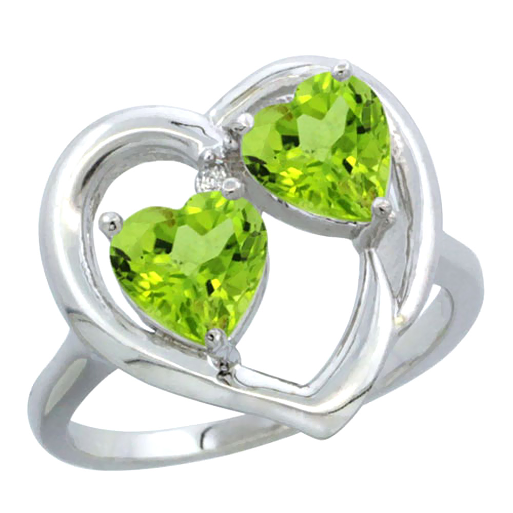 10K White Gold Diamond Two-stone Heart Ring 6mm Natural Peridot, sizes 5-10