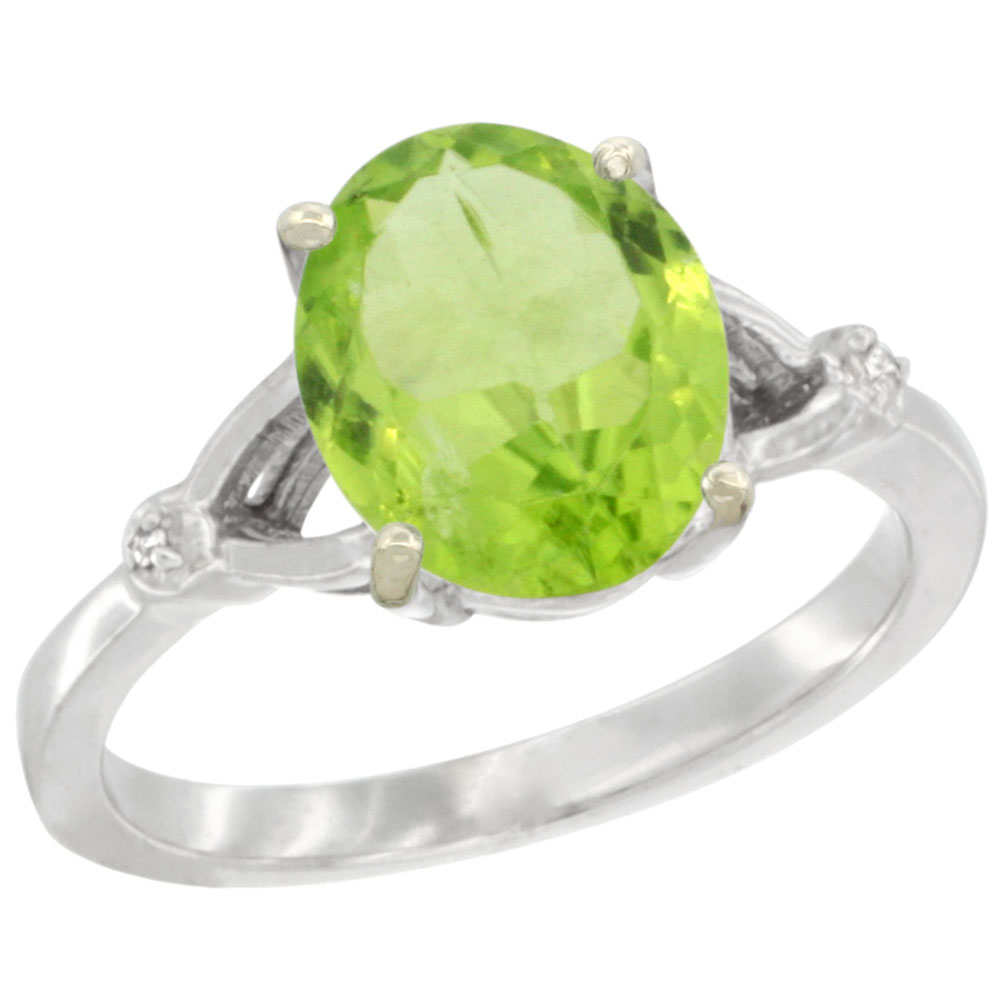 10K White Gold Diamond Natural Peridot Engagement Ring Oval 10x8mm, sizes 5-10