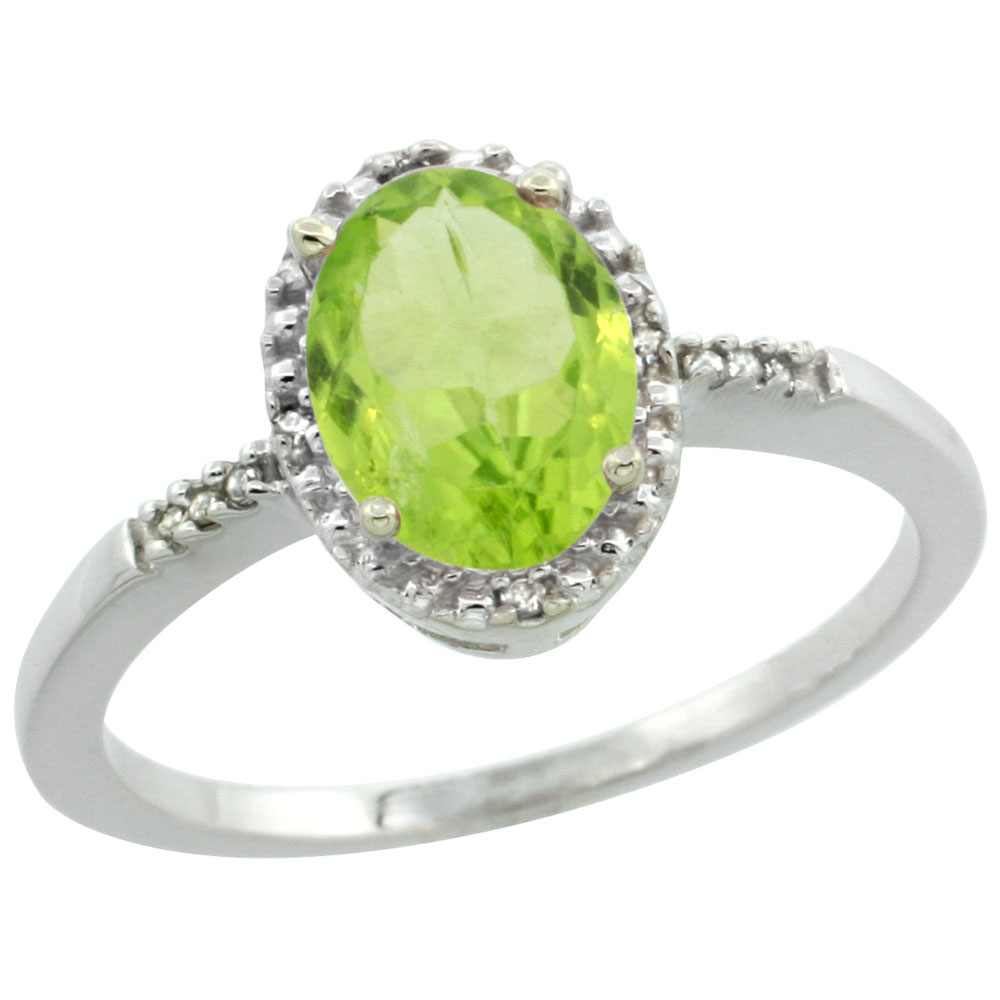 10K White Gold Diamond Natural Peridot Ring Oval 8x6mm, sizes 5-10