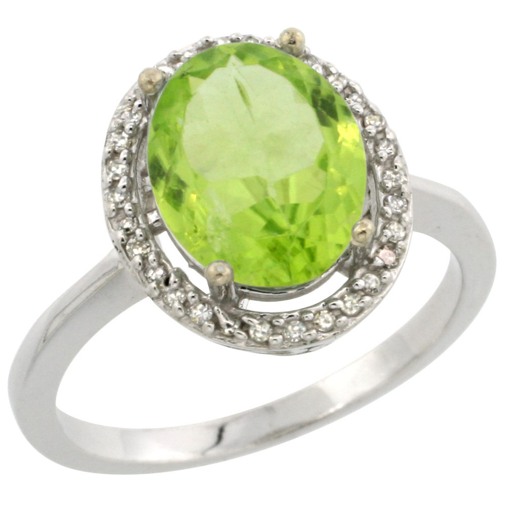 14K White Gold Diamond Natural Peridot Engagement Ring Oval 10x8mm, sizes 5-10