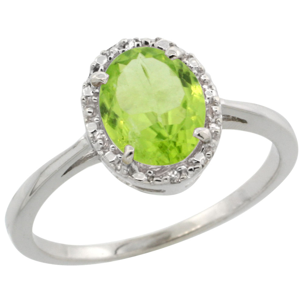 14K White Gold Natural Peridot Ring Oval 8x6 mm Diamond Halo, sizes 5-10