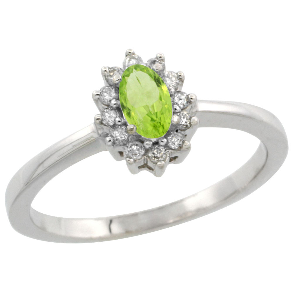 14K White Gold Natural Peridot Ring Oval 5x3mm Diamond Halo, sizes 5-10