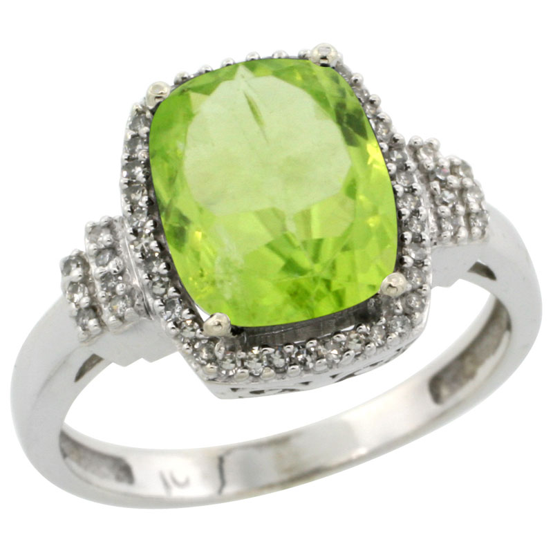 10k White Gold Natural Peridot Ring Cushion-cut 9x7mm Diamond Halo, sizes 5-10