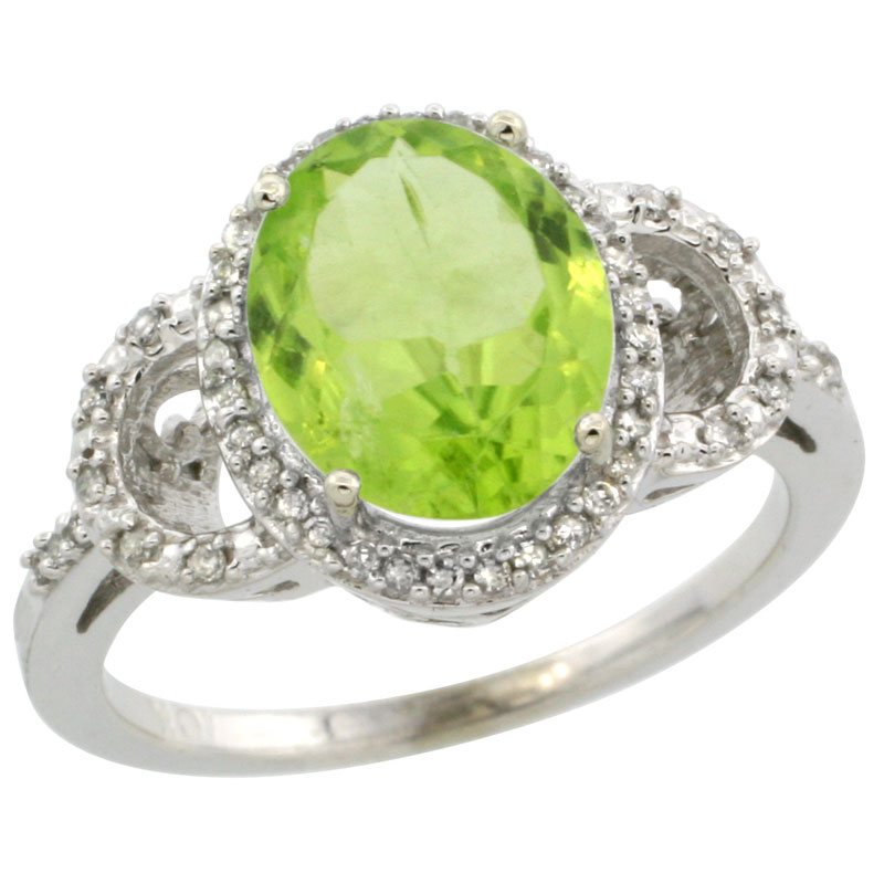 10K White Gold Diamond Natural Peridot Engagement Ring Oval 10x8mm, sizes 5-10