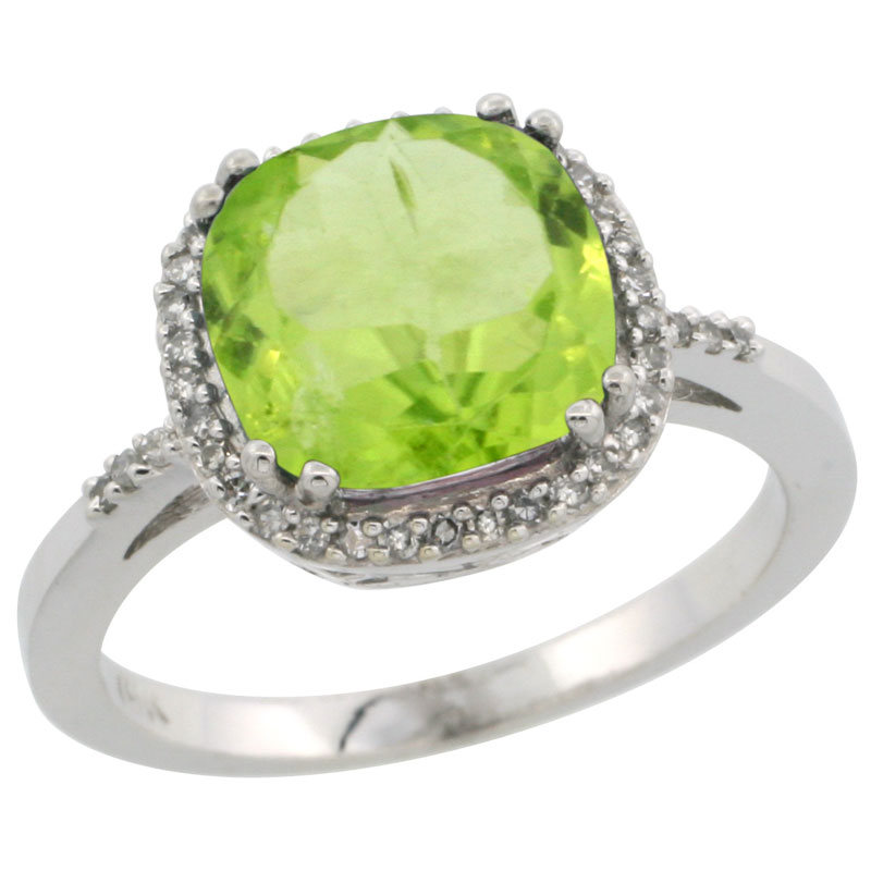 10K White Gold Diamond Natural Peridot Ring Cushion-cut 9x9mm, sizes 5-10