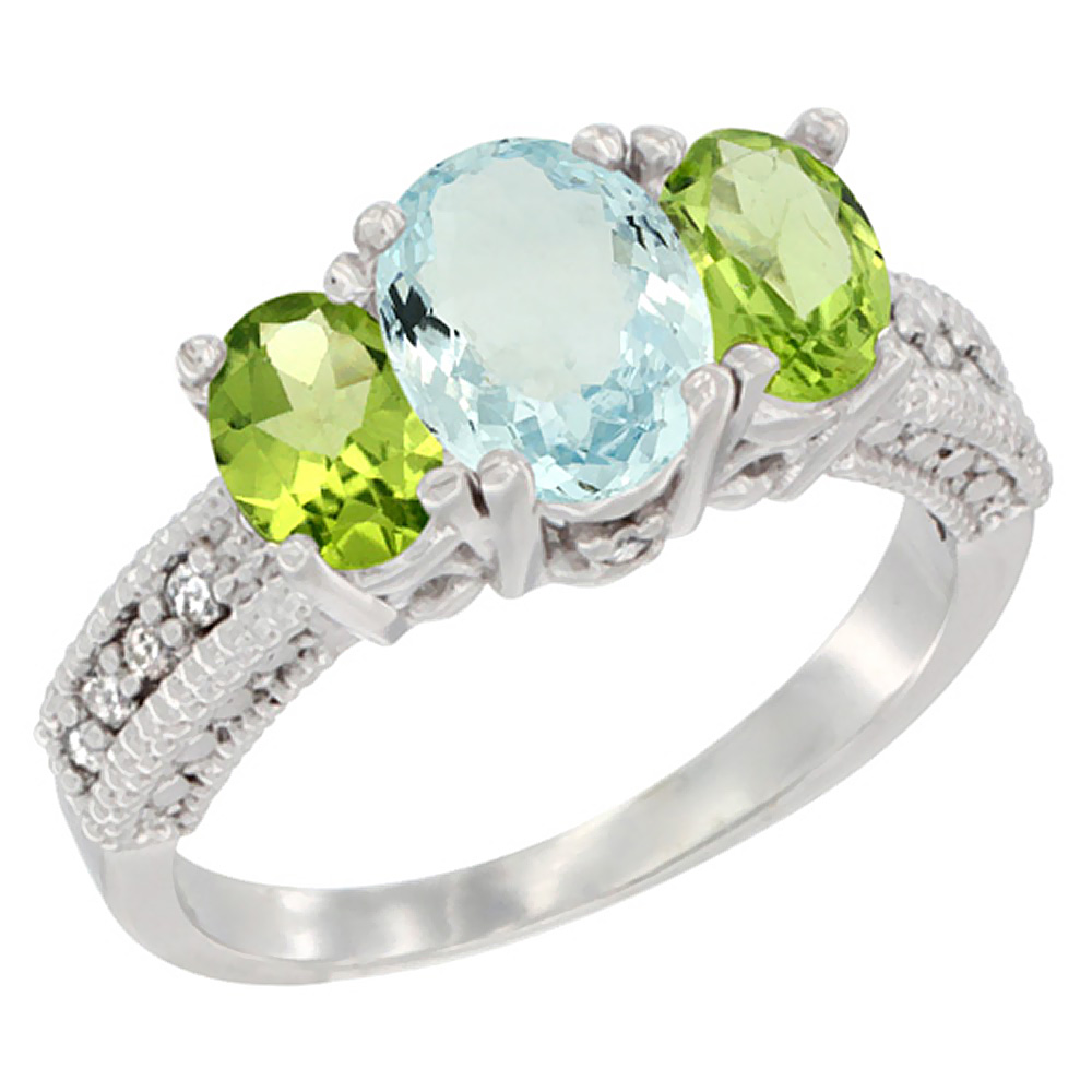 10K White Gold Diamond Natural Aquamarine Ring Oval 3-stone with Peridot, sizes 5 - 10