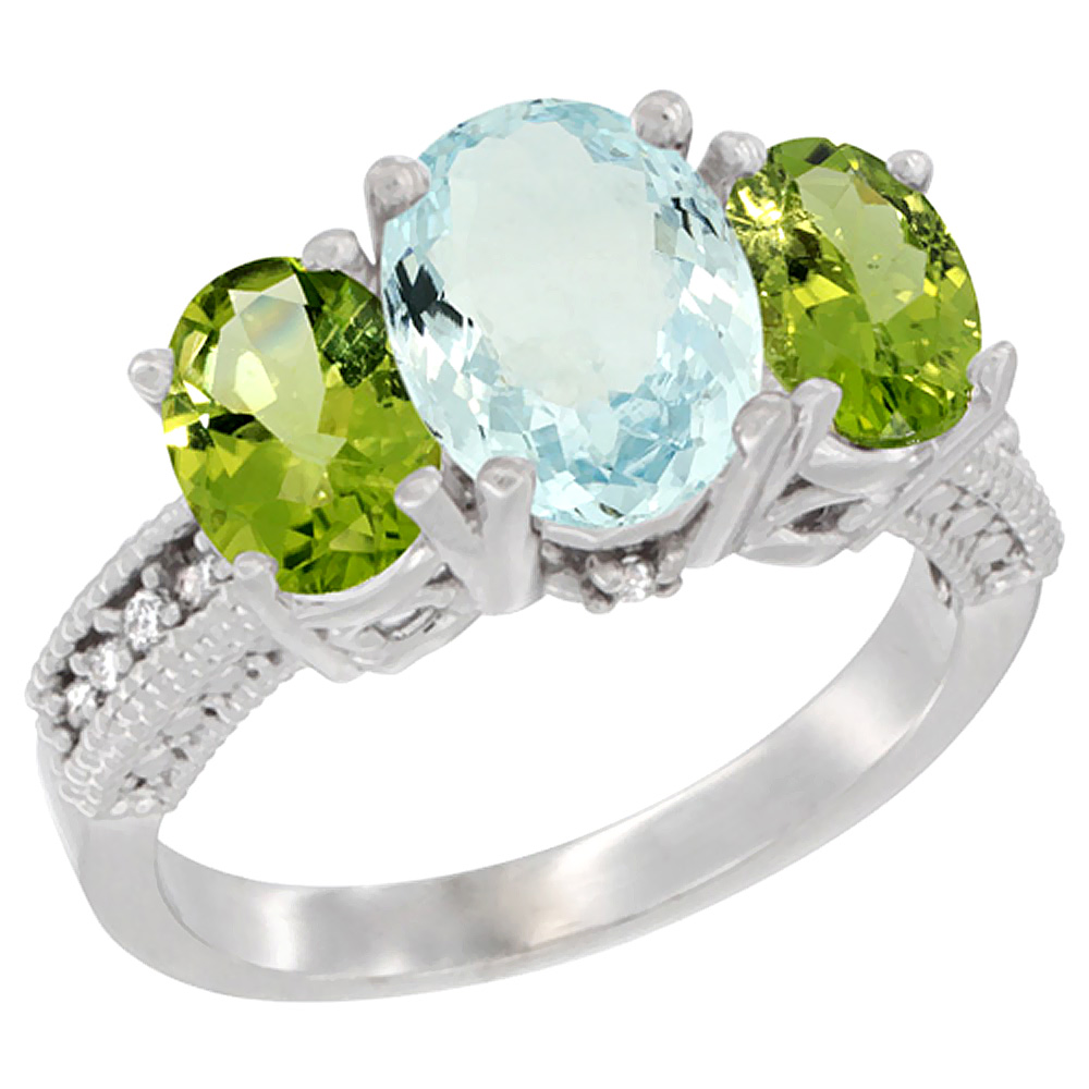 14K White Gold Diamond Natural Aquamarine Ring 3-Stone Oval 8x6mm with Peridot, sizes5-10