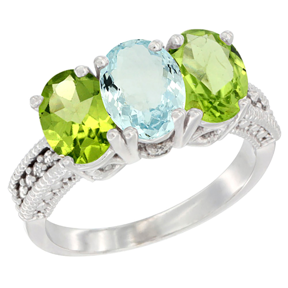 14K White Gold Natural Aquamarine &amp; Peridot Sides Ring 3-Stone 7x5 mm Oval Diamond Accent, sizes 5 - 10