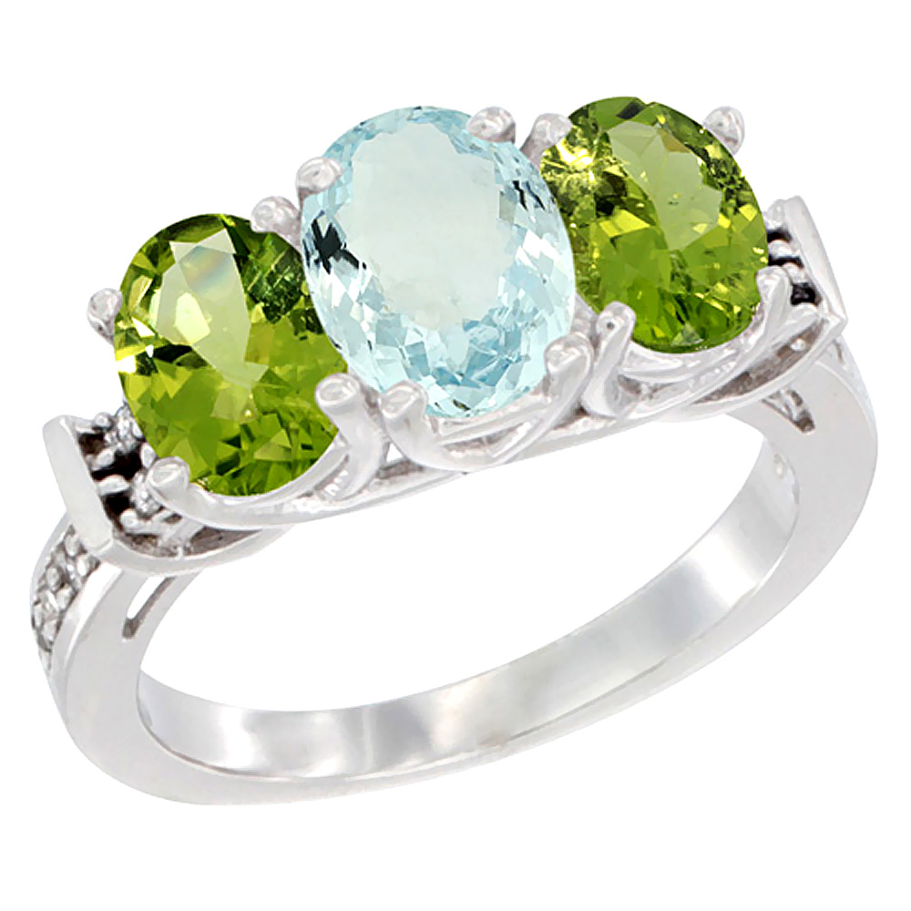 14K White Gold Natural Aquamarine & Peridot Sides Ring 3-Stone Oval Diamond Accent, sizes 5 - 10