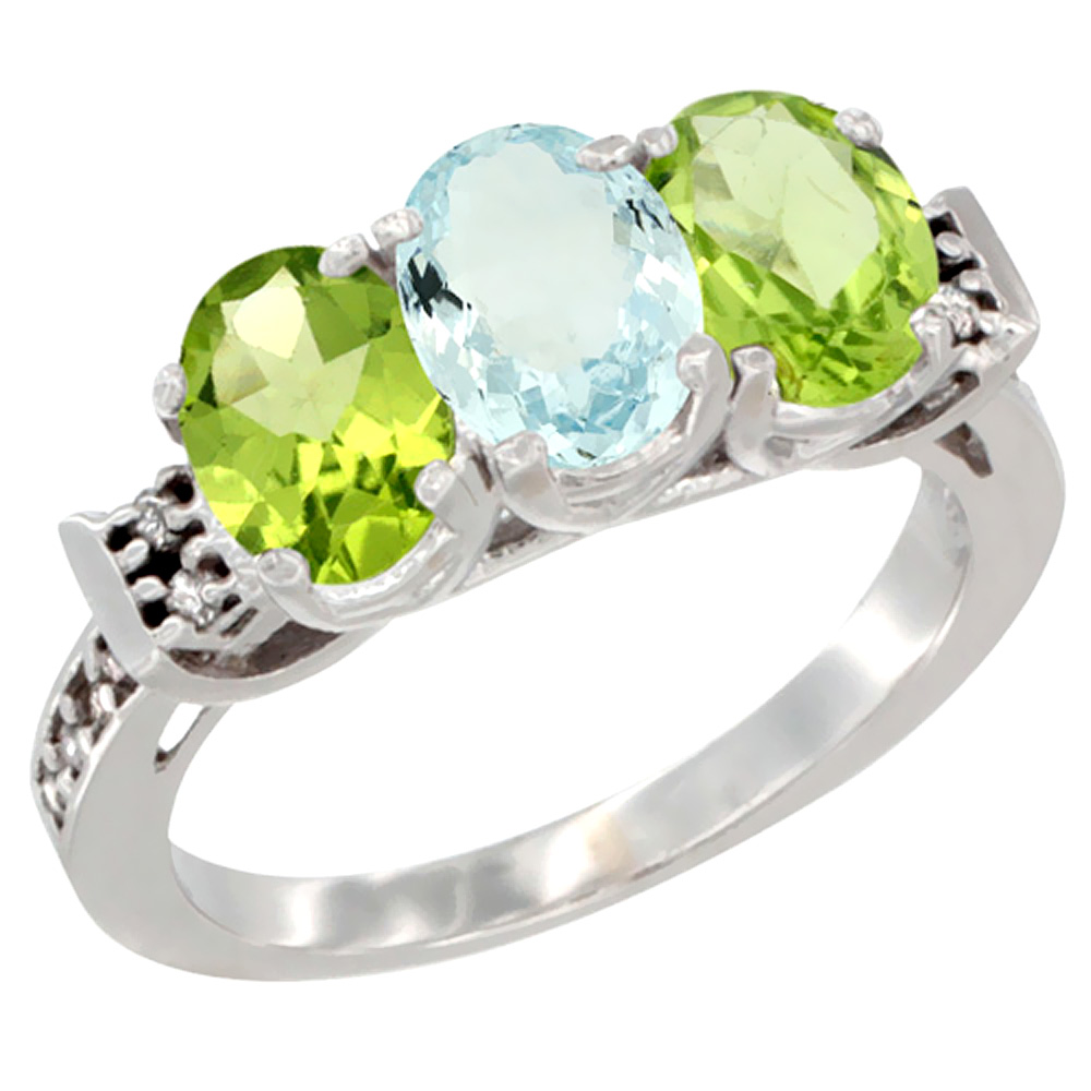 14K White Gold Natural Aquamarine &amp; Peridot Sides Ring 3-Stone 7x5 mm Oval Diamond Accent, sizes 5 - 10