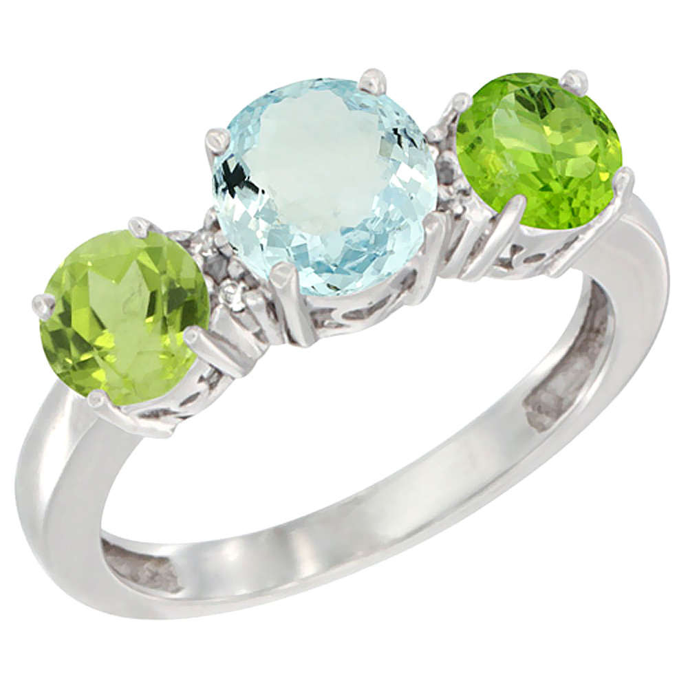 14K White Gold Round 3-Stone Natural Aquamarine Ring & Peridot Sides Diamond Accent, sizes 5 - 10