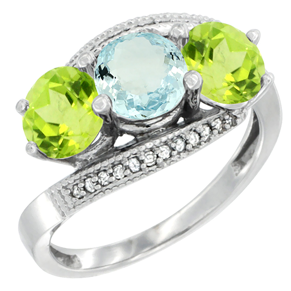 10K White Gold Natural Aquamarine & Peridot Sides 3 stone Ring Round 6mm Diamond Accent, sizes 5 - 10