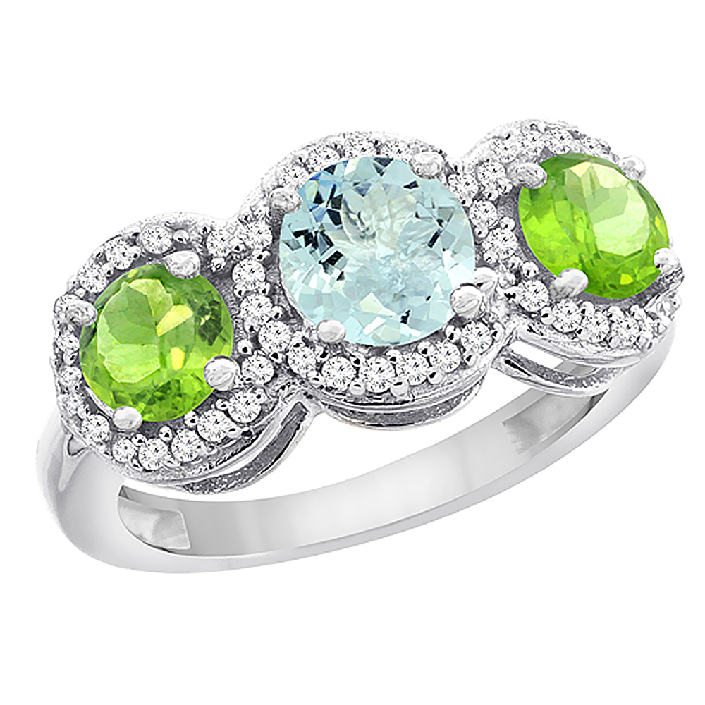 14K White Gold Natural Aquamarine &amp; Peridot Sides Round 3-stone Ring Diamond Accents, sizes 5 - 10