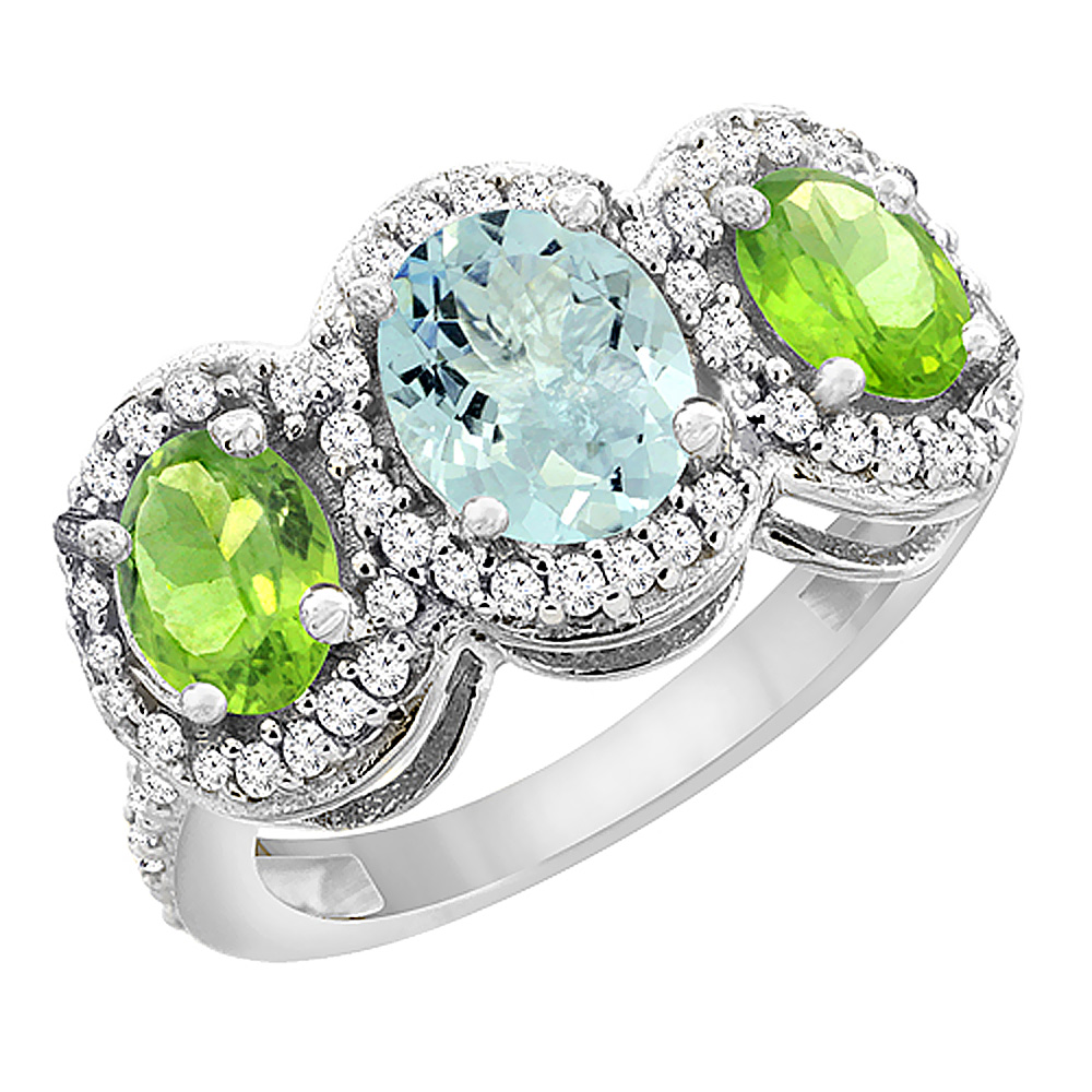 14K White Gold Natural Aquamarine &amp; Peridot 3-Stone Ring Oval Diamond Accent, sizes 5 - 10