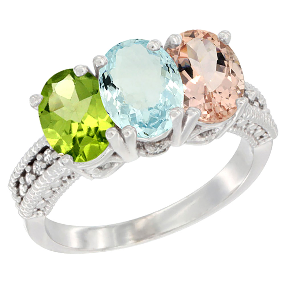 14K White Gold Natural Peridot, Aquamarine & Morganite Ring 3-Stone 7x5 mm Oval Diamond Accent, sizes 5 - 10