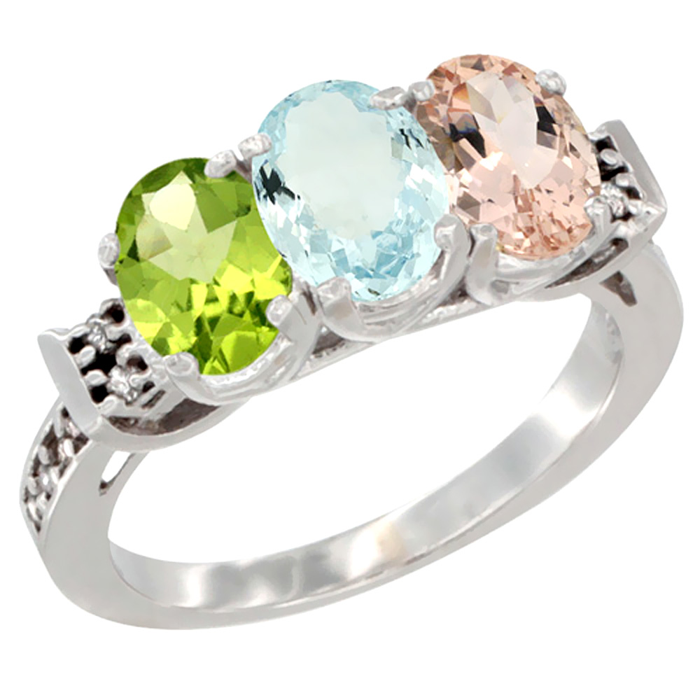 14K White Gold Natural Peridot, Aquamarine & Morganite Ring 3-Stone 7x5 mm Oval Diamond Accent, sizes 5 - 10