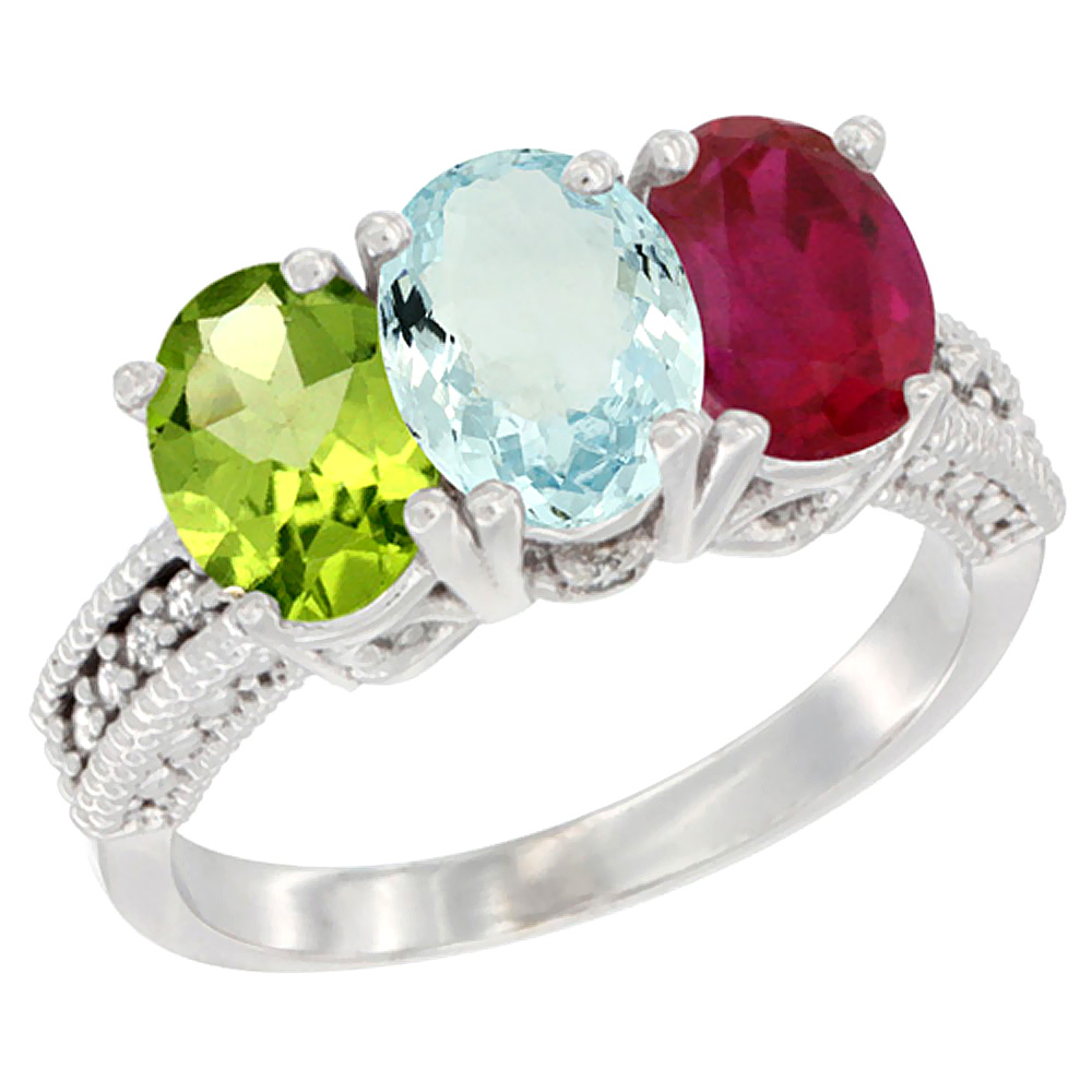 14K White Gold Natural Peridot, Aquamarine &amp; Enhanced Ruby Ring 3-Stone 7x5 mm Oval Diamond Accent, sizes 5 - 10